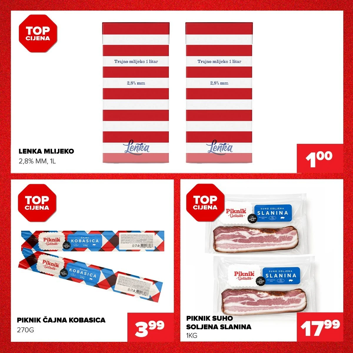 Đurić Supermarket Teslić akcija – Lenka mlijeko, Piknik čajna kobasica i suho soljena slanina