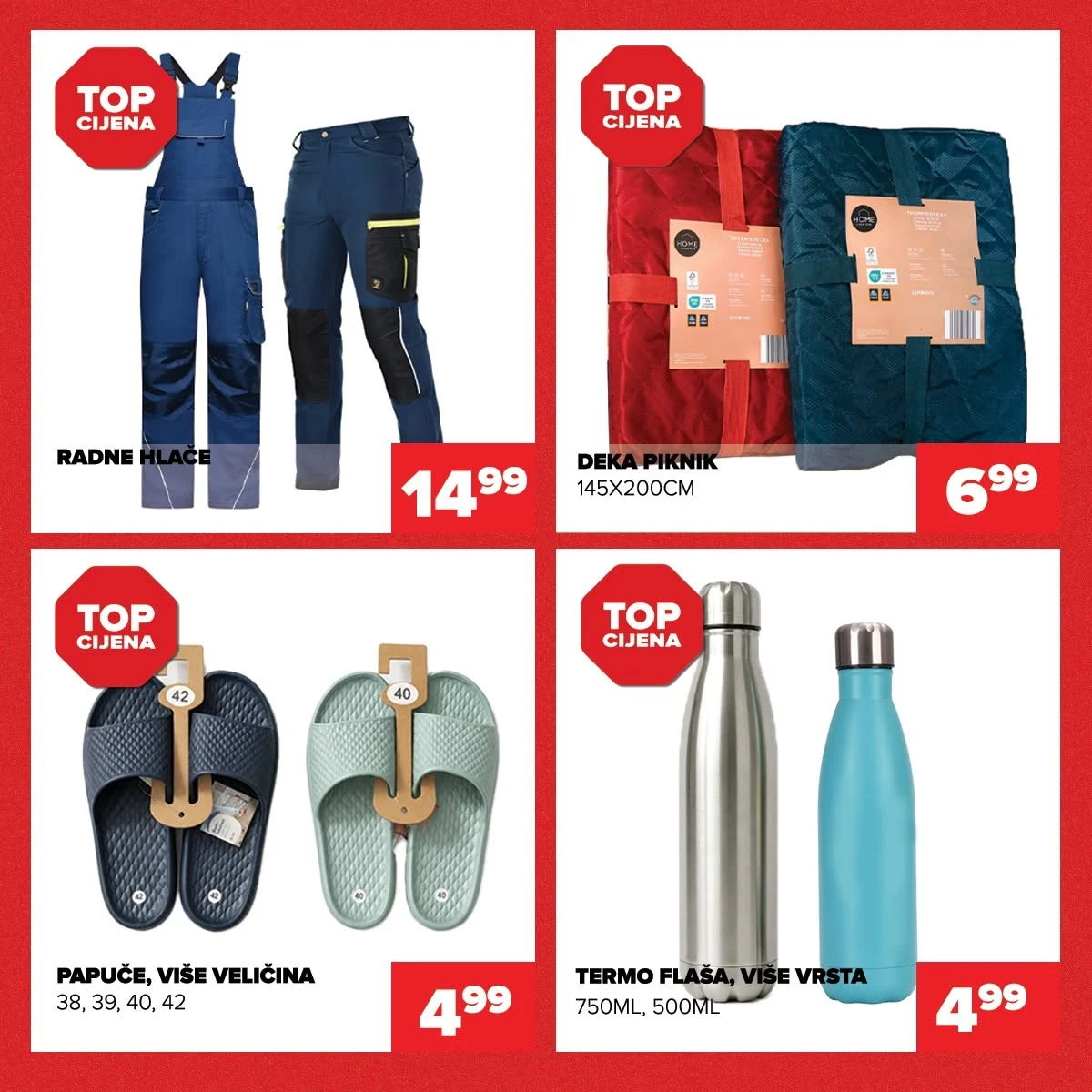 Đurić Supermarket Teslić akcija – radne hlače, piknik deka, papuče i termo flaše