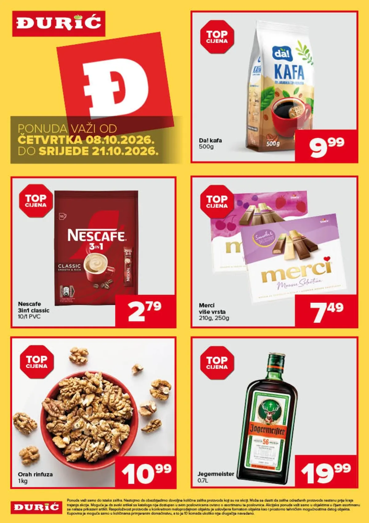 Đurić katalog od 08. do 21.10.2026. – Da! kafa 9,99 KM, Nescafe 3u1 2,79 KM, Merci 7,49 KM, orah 10,99 KM i Jägermeister 19,99 KM