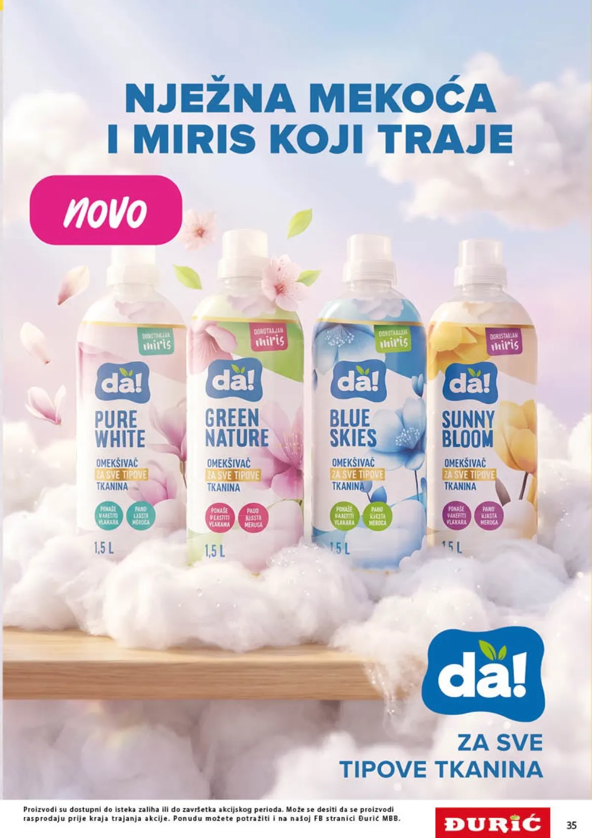 Đurić katalog 08–21.10.2026. – Da! omekšivači za veš Pure White, Green Nature, Blue Skies i Sunny Bloom