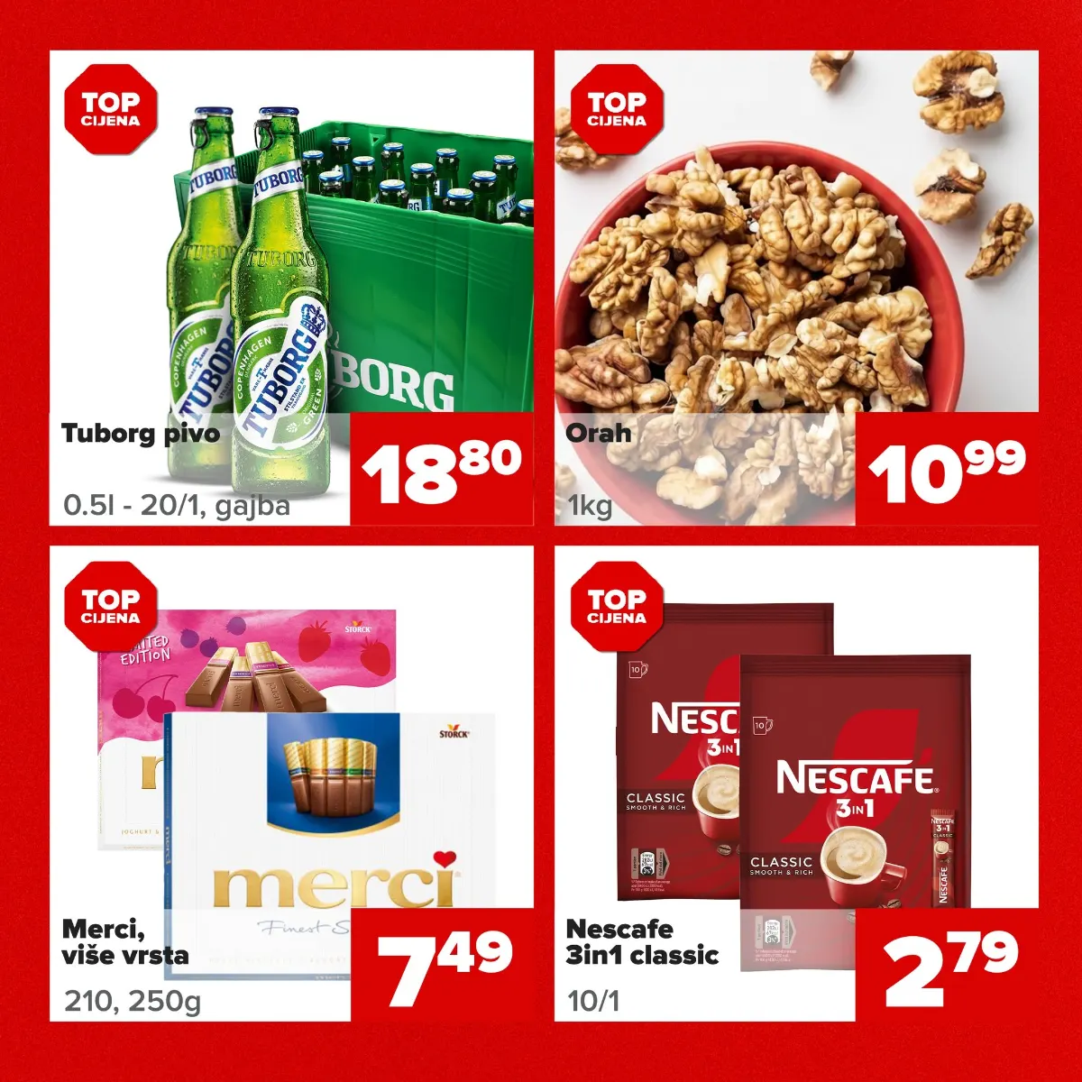 Đurić praznična akcija – Tuborg pivo 0,5 l, gajba 20 komada, 18,80 KM; orah 1 kg 10,99 KM; Merci 210 ili 250 g 7,49 KM; Nescafe 3u1 Classic 10 komada 2,79 KM