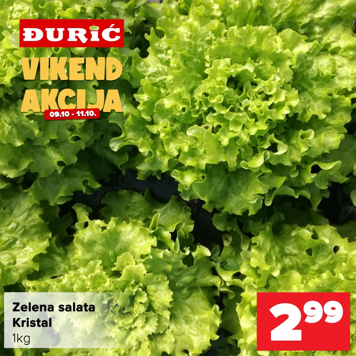 Đurić vikend akcija od 9. do 11.10.2026. – zelena salata Kristal 2,99 KM/kg