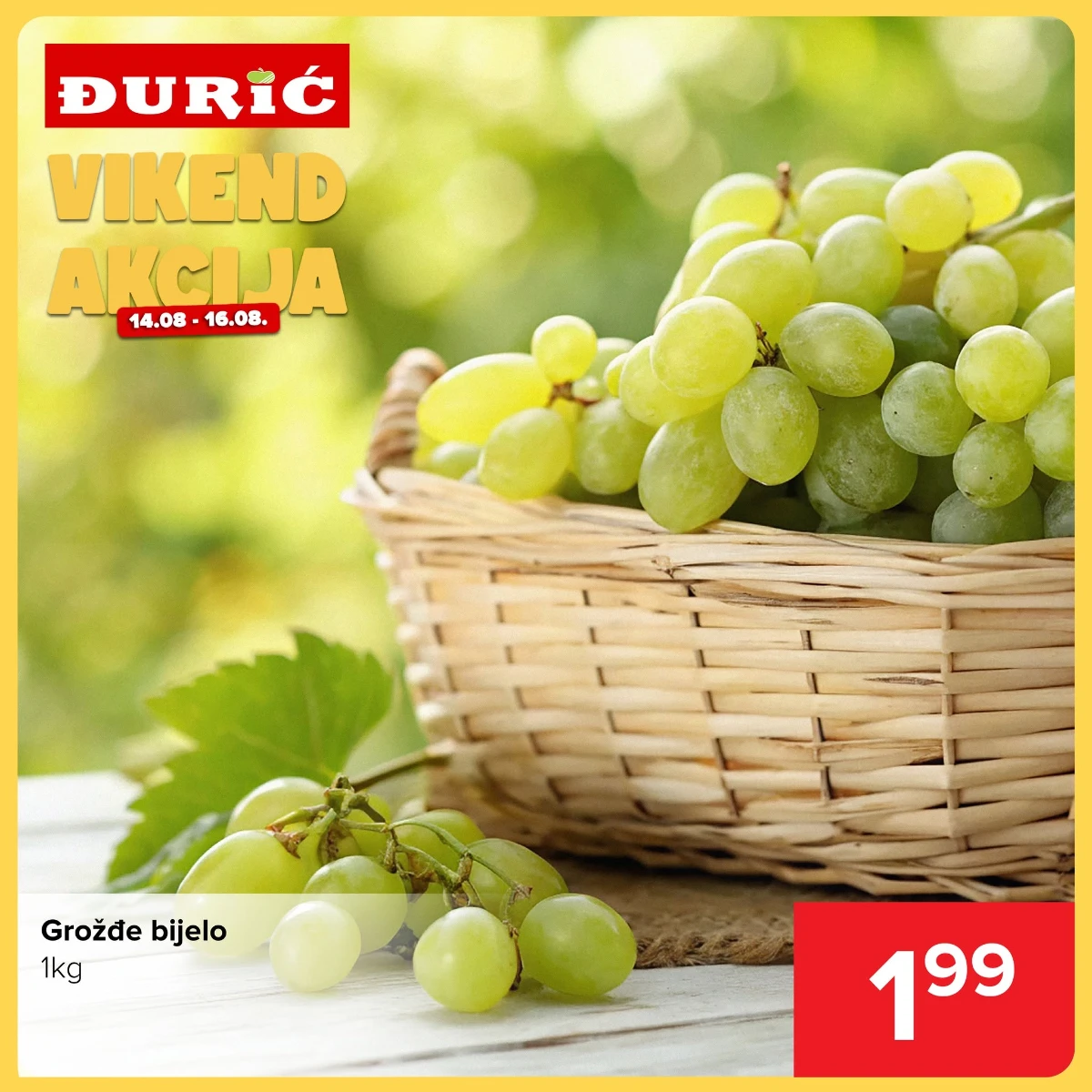 Đurić vikend akcija od 14.08. do 16.08.2026. – bijelo grožđe po cijeni od 1,99 KM/kg