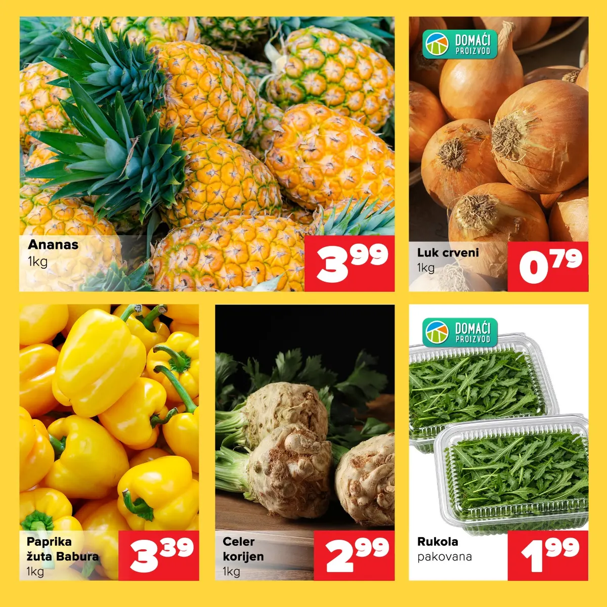 ĐURIĆ vikend ponuda voća i povrća – ananas 3,99 KM/kg, crveni luk 0,79 KM/kg, žuta paprika 3,39 KM/kg, celer 2,99 KM/kg i rukola 1,99 KM