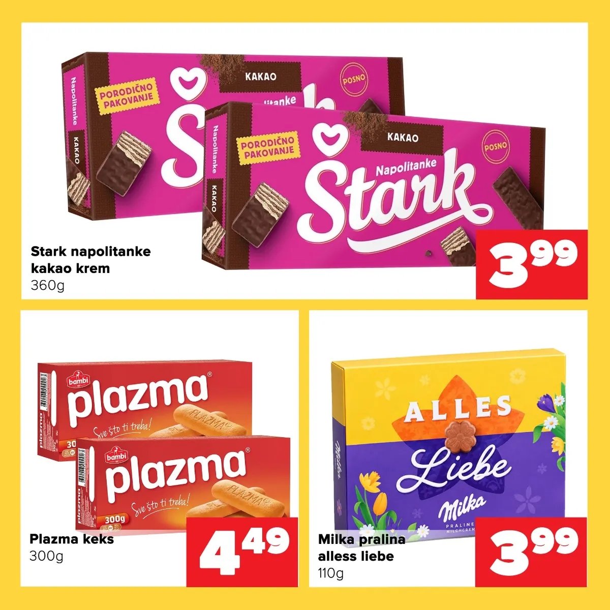 ĐURIĆ akcija slatkiša – Štark napolitanke 360 g za 3,99 KM, Plazma keks 300 g za 4,49 KM i Milka praline 110 g za 3,99 KM