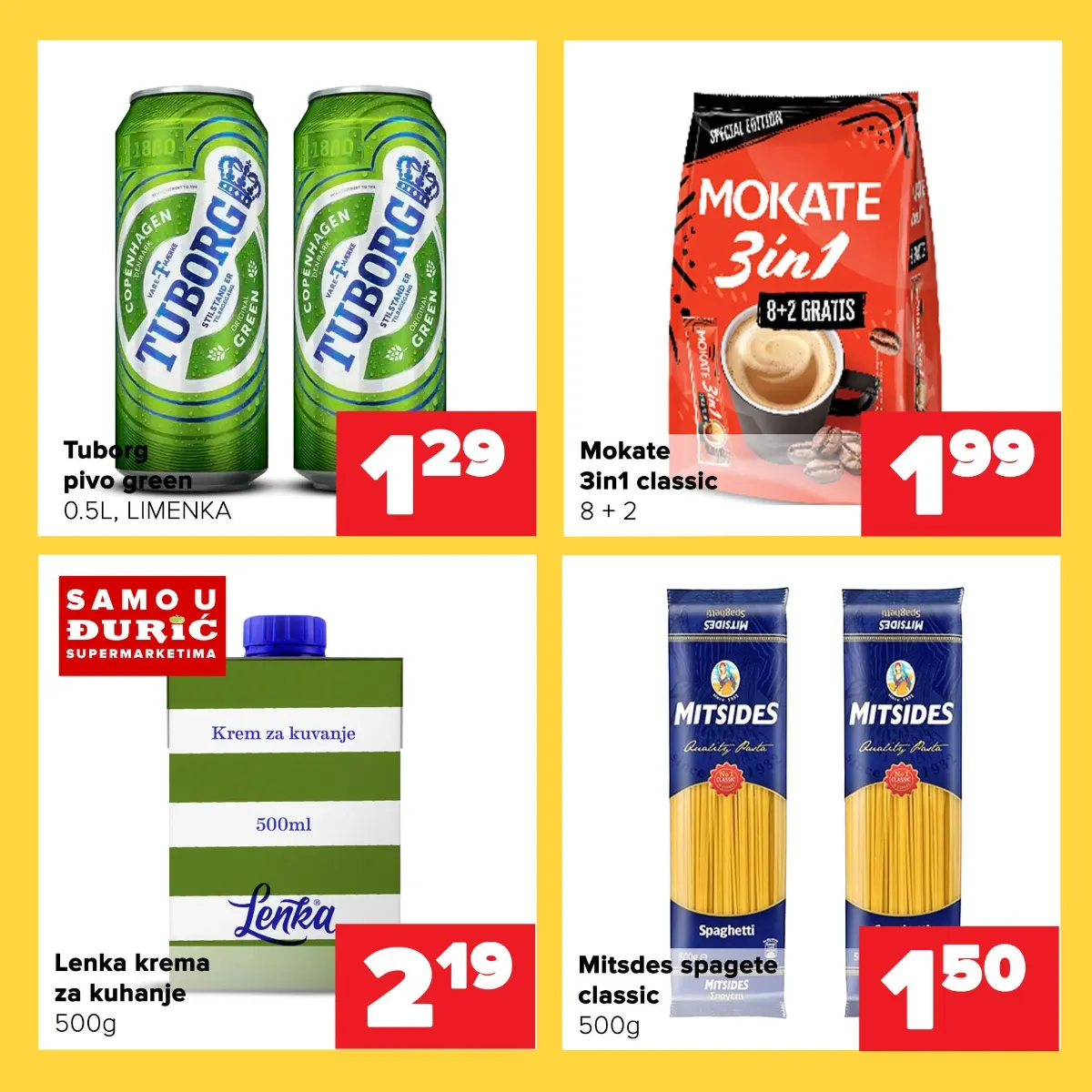 ĐURIĆ vikend ponuda – Tuborg Green 0,5 l za 1,29 KM, Mokate 3u1 8 plus 2 gratis za 1,99 KM, Lenka krema za kuhanje 2,19 KM i Mitsides špageti 500 g za 1,50 KM