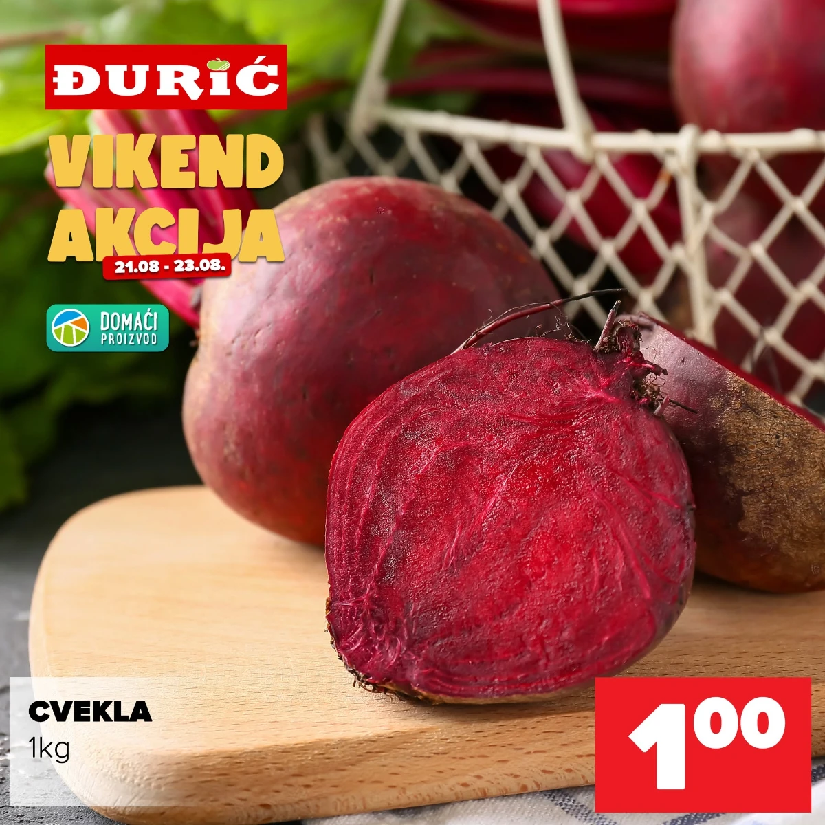 Đurić vikend akcija od 21.08. do 23.08.2026. – cvekla 1 kg po cijeni od 1,00 KM