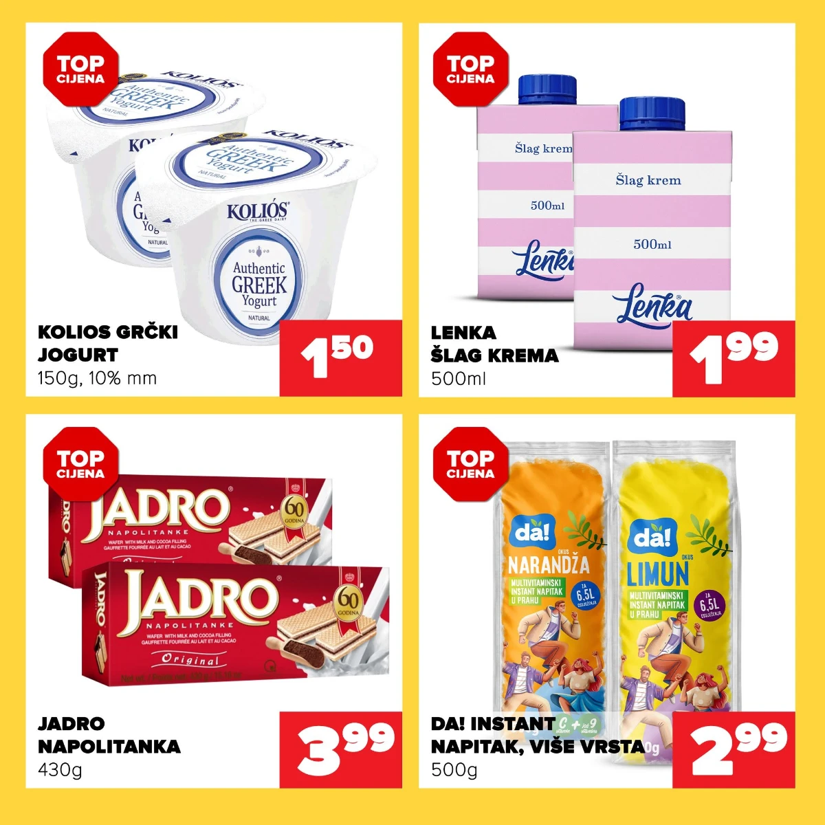 Đurić vikend akcija do 23.08.2026. – Kolios grčki jogurt, Lenka šlag krema, Jadro napolitanke i instant napitak