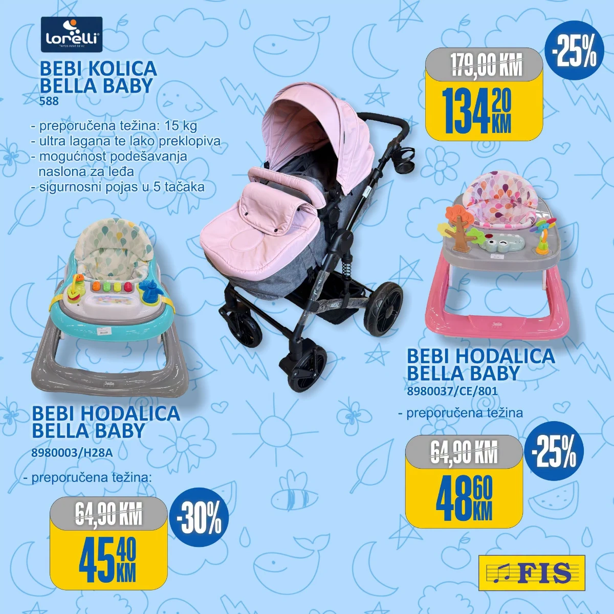 FIS akcija – Bella Baby hodalice od 45,40 KM i kolica od 134,20 KM