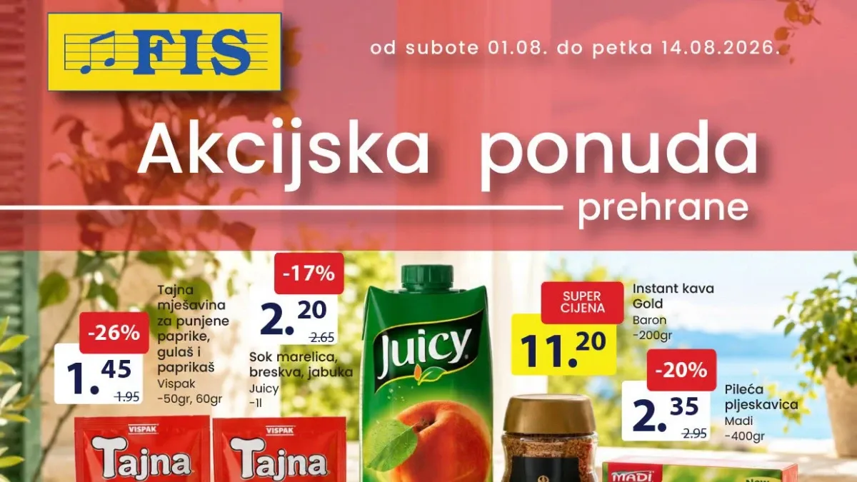 FIS akcijska ponuda prehrane do 14.08.2026. – popusti na meso, sireve, kafu, pića, deterdžente i prehrambene proizvode