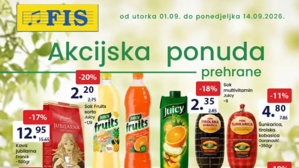 FIS akcijska ponuda od 01.09. do 14.09.2026. – prehrana, piće, kućna hemija i higijena sniženi do 48%