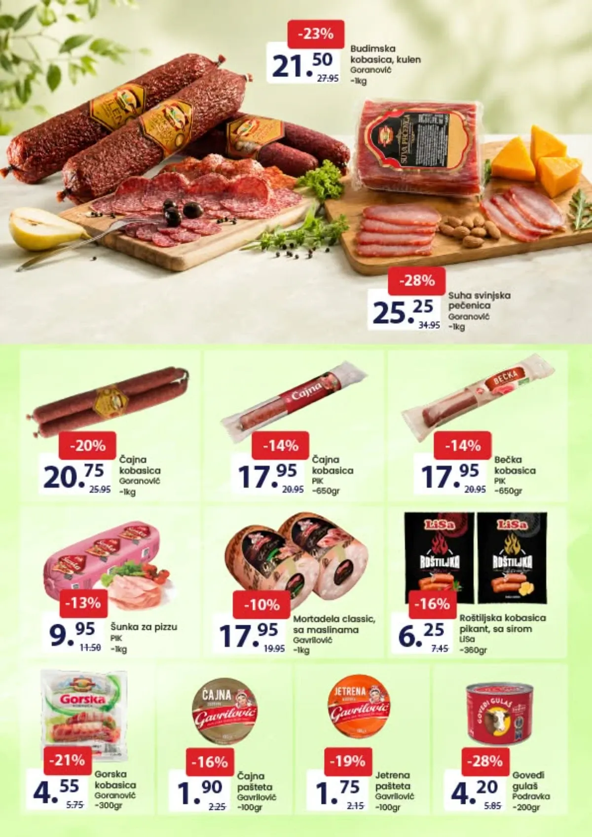 FIS katalog, stranica 2 – suha svinjska pečenica, goveđi gulaš i budimska kobasica na akciji