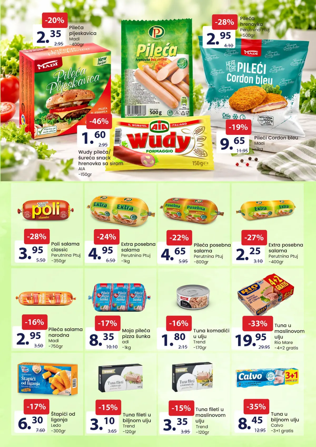 FIS katalog – stranica 3: AIA Wudy hrenovka sa sirom 150 g za 1,60 KM i Calvo tuna u biljnom ulju 3+1 gratis za 8,45 KM