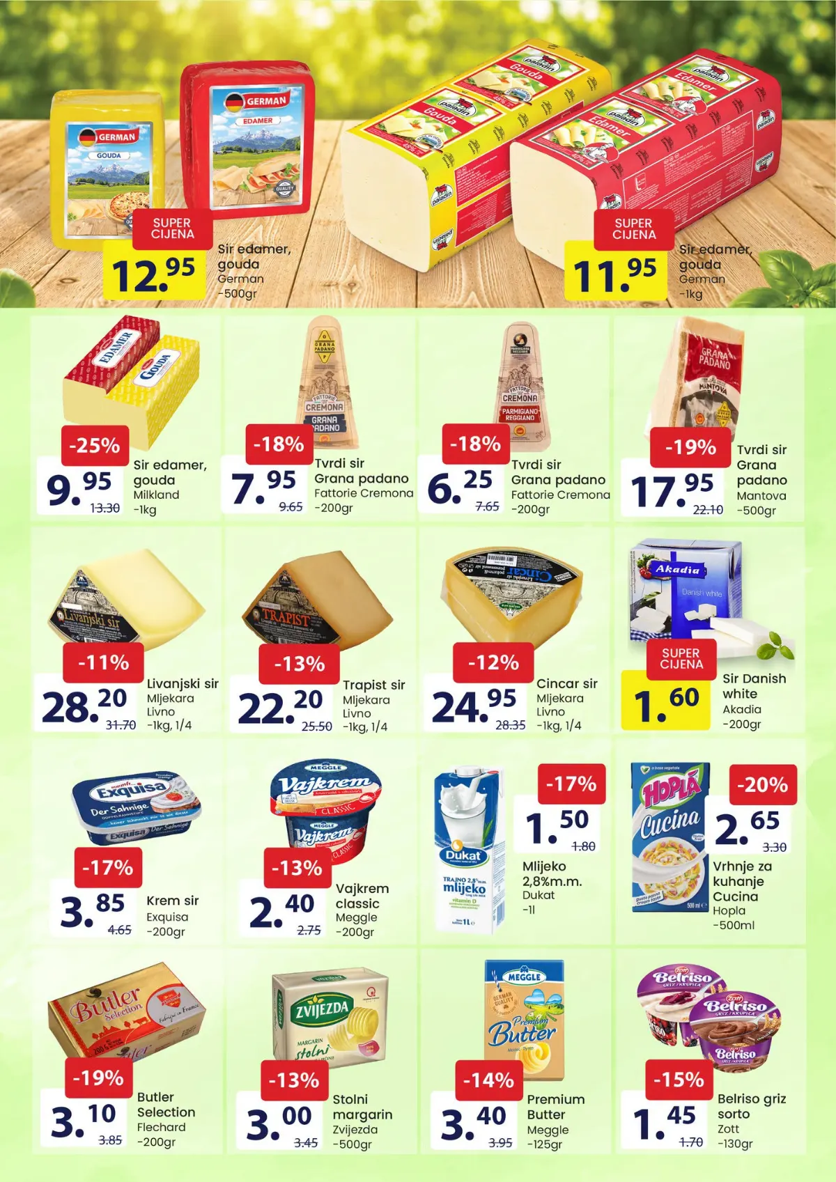 FIS katalog – stranica 4: sir edamer ili gouda Milkiland za 9,95 KM/kg i Dukat mlijeko 2,8% m.m. 1 l za 1,50 KM