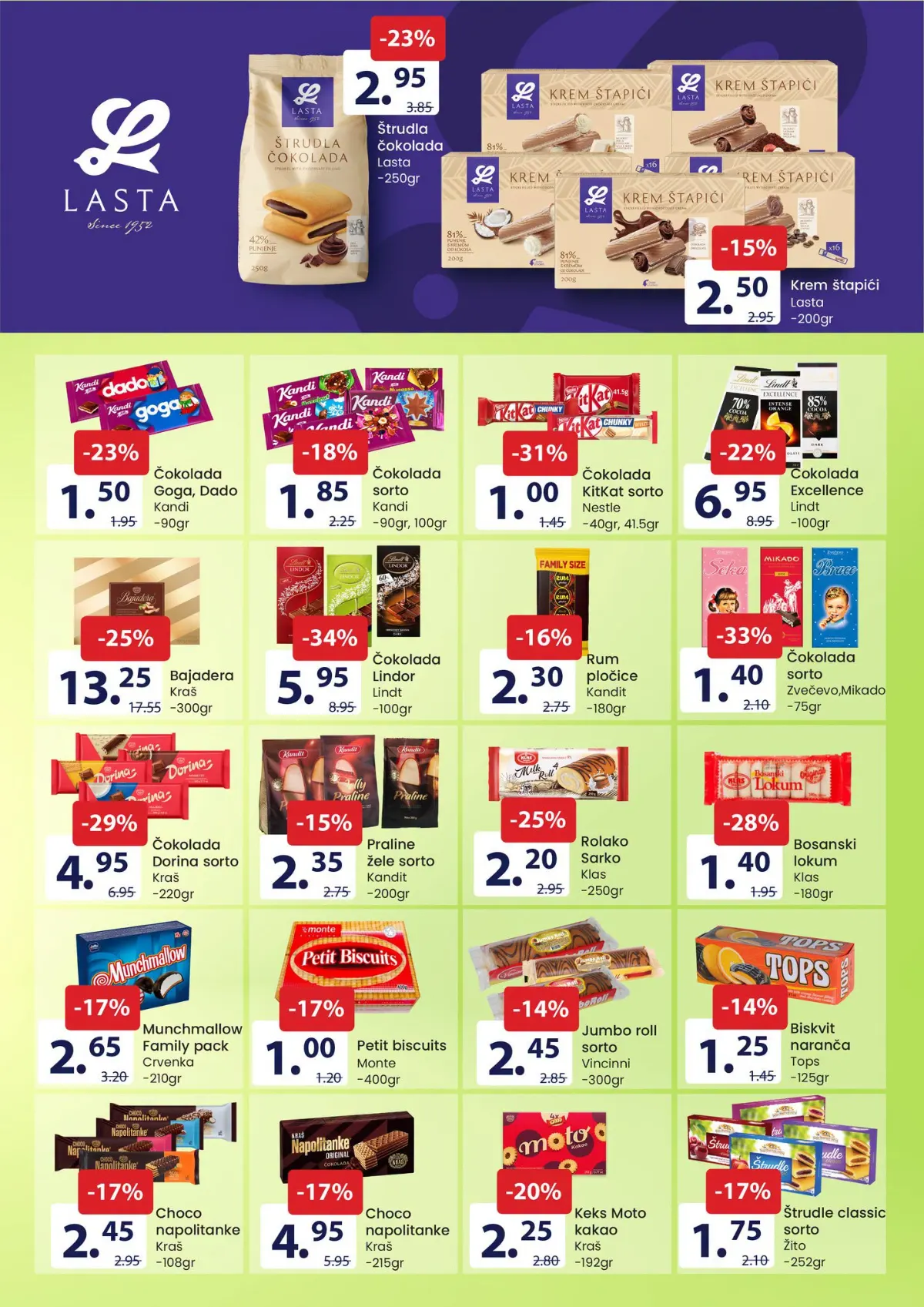 FIS katalog – stranica 8: Lindt Lindor čokolada 100 g za 5,95 KM i Kraš Bajadera 300 g za 13,25 KM