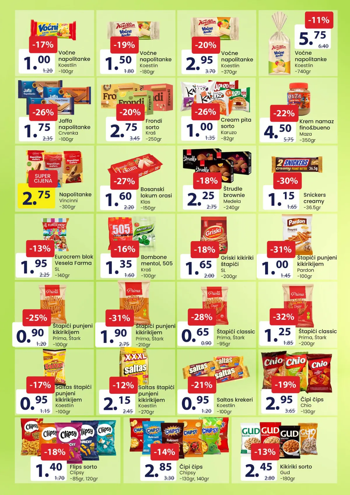 FIS katalog – stranica 9: Snickers Creamy 36,5 g za 1,15 KM i Prima slani štapići 95 g za 0,65 KM
