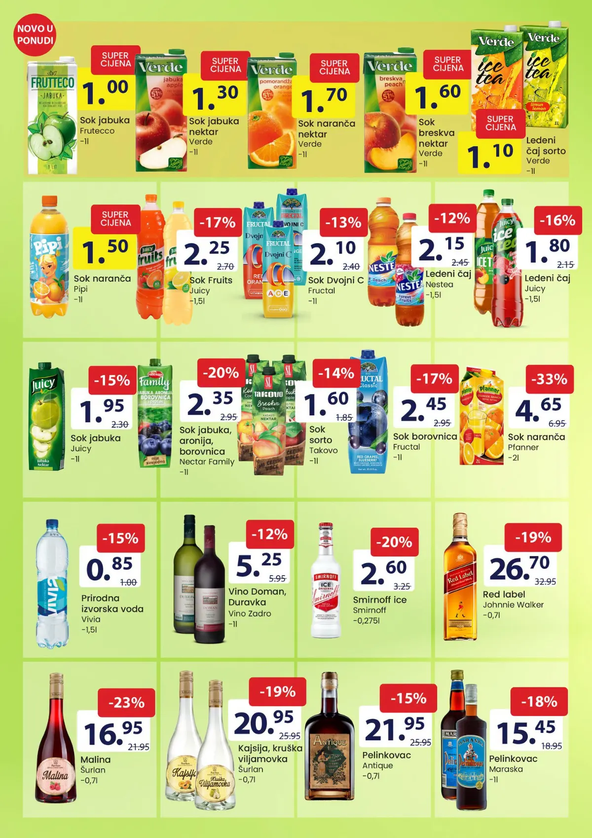 FIS katalog – stranica 11: Pfanner sok od narandže 2 l za 4,65 KM i Fructal sok od borovnice 1 l za 2,45 KM