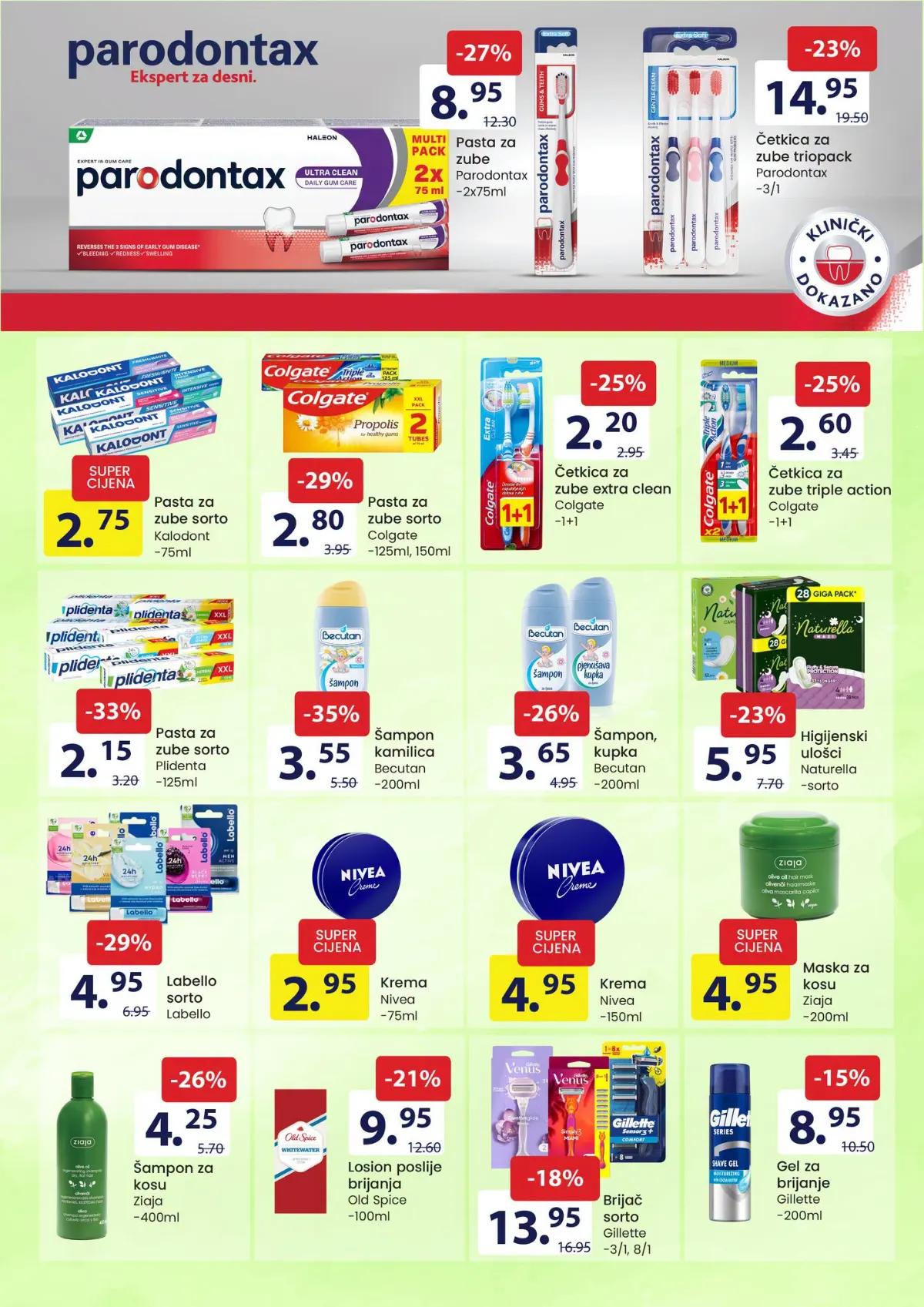 FIS katalog – stranica 12: Becutan šampon od kamilice 200 ml za 3,55 KM i Pildent pasta za zube 125 ml za 2,15 KM
