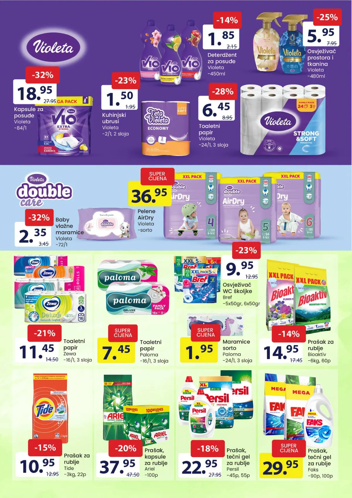 FIS katalog – stranica 14: Violeta kapsule za posuđe 84 komada za 18,95 KM i Violeta troslojni toaletni papir 24 rolne za 6,45 KM