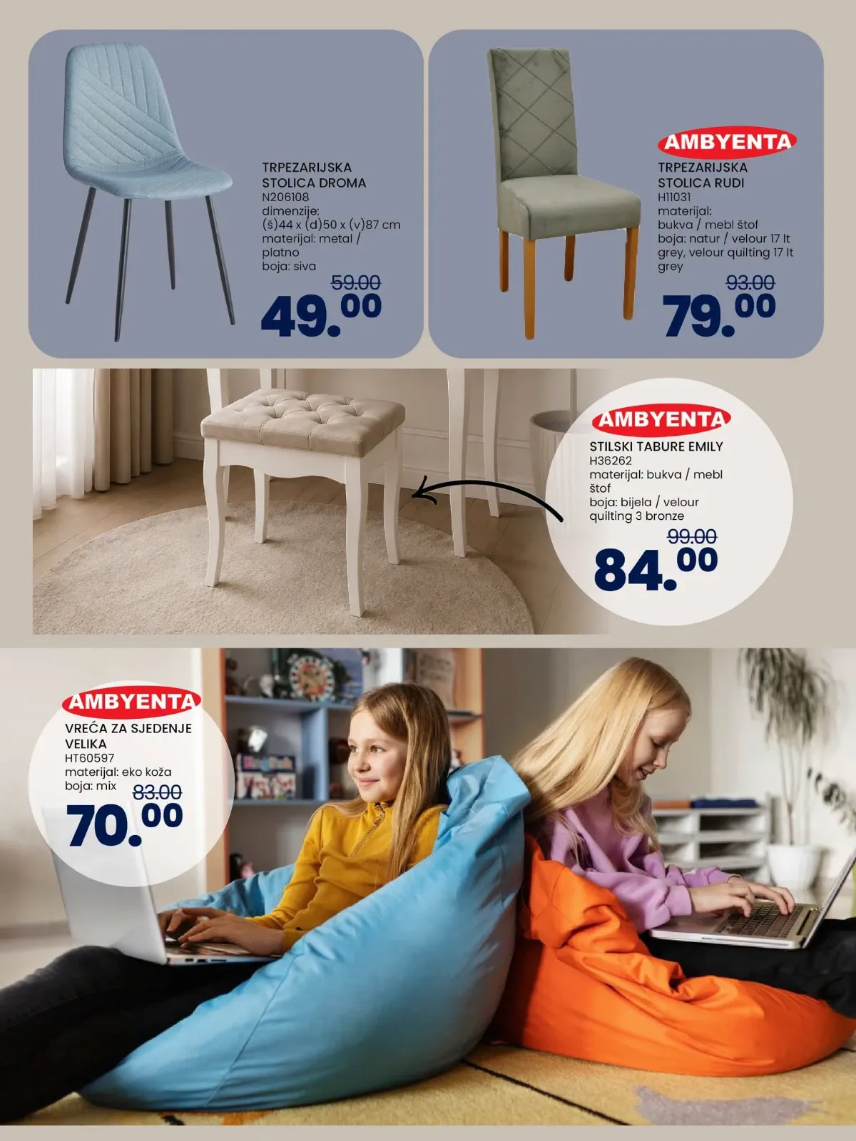 FIS katalog – trpezarijske stolice, tabure i vreće za sjedenje na akciji