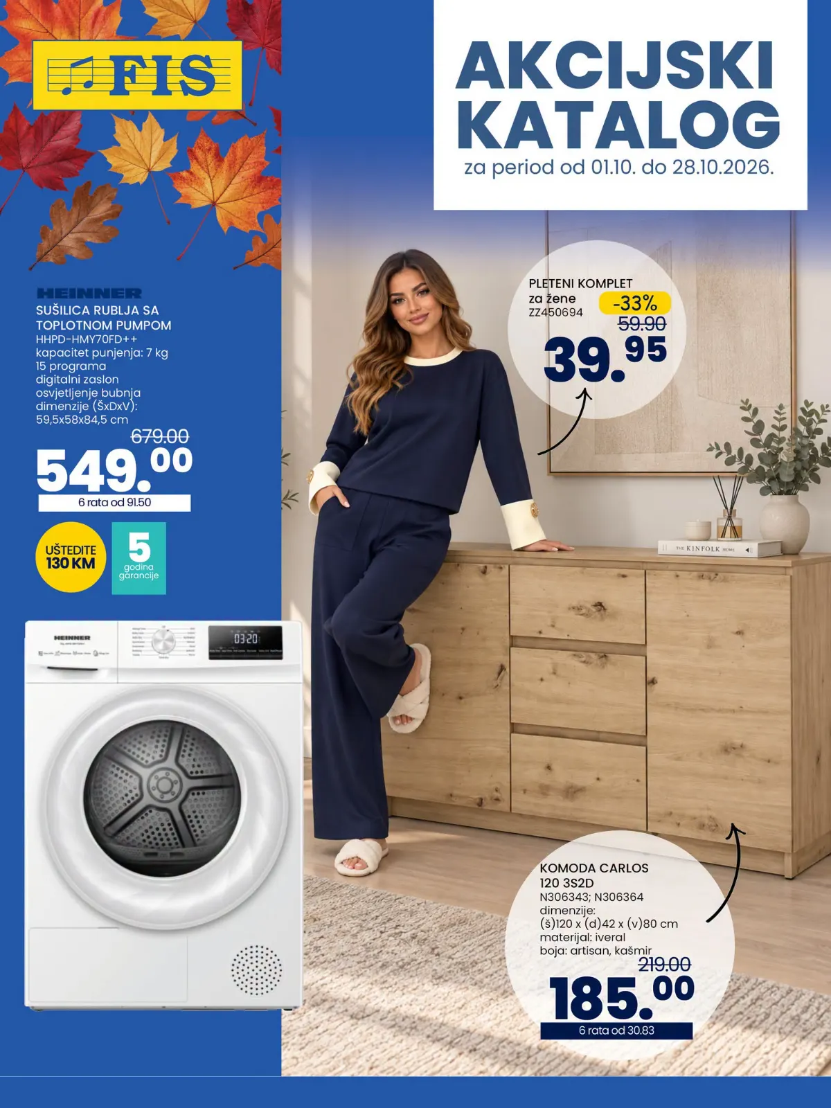 FIS katalog 01–28.10.2026. – Heinner sušilica, ženski pleteni komplet i komoda Carlos