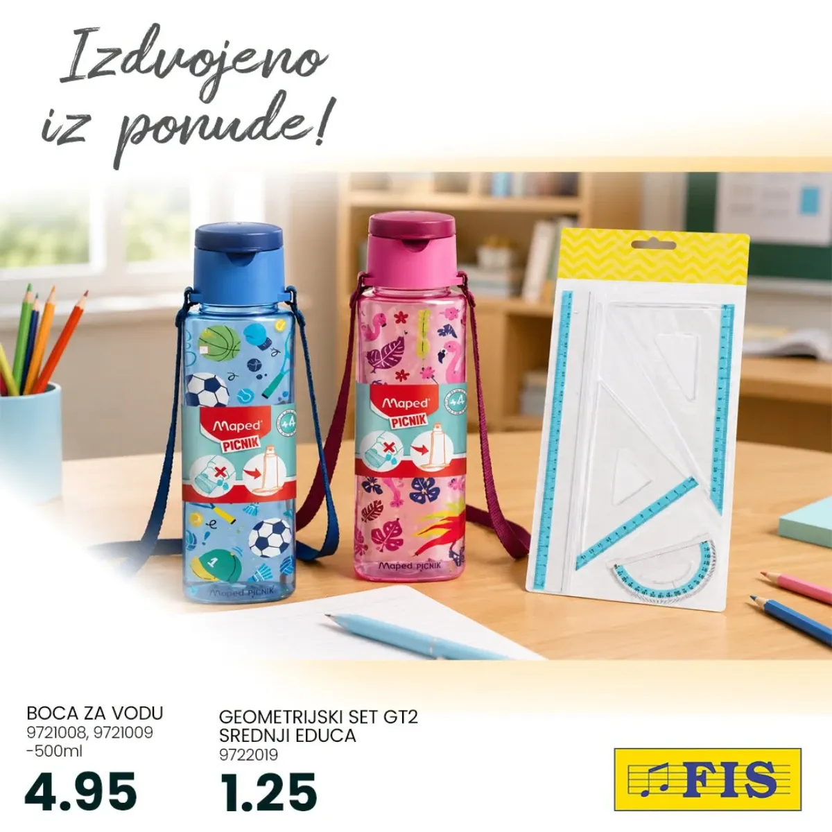 FIS školska ponuda – boce za vodu i geometrijski setovi