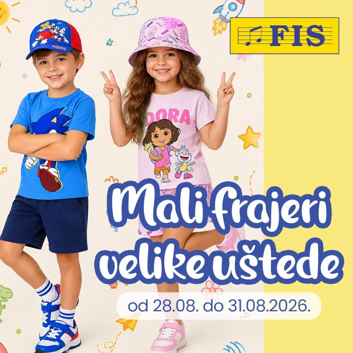 FIS Mali frajeri, velike uštede od 28.08. do 31.08.2026. – dječija odjeća, obuća i modni dodaci sniženi do 43%