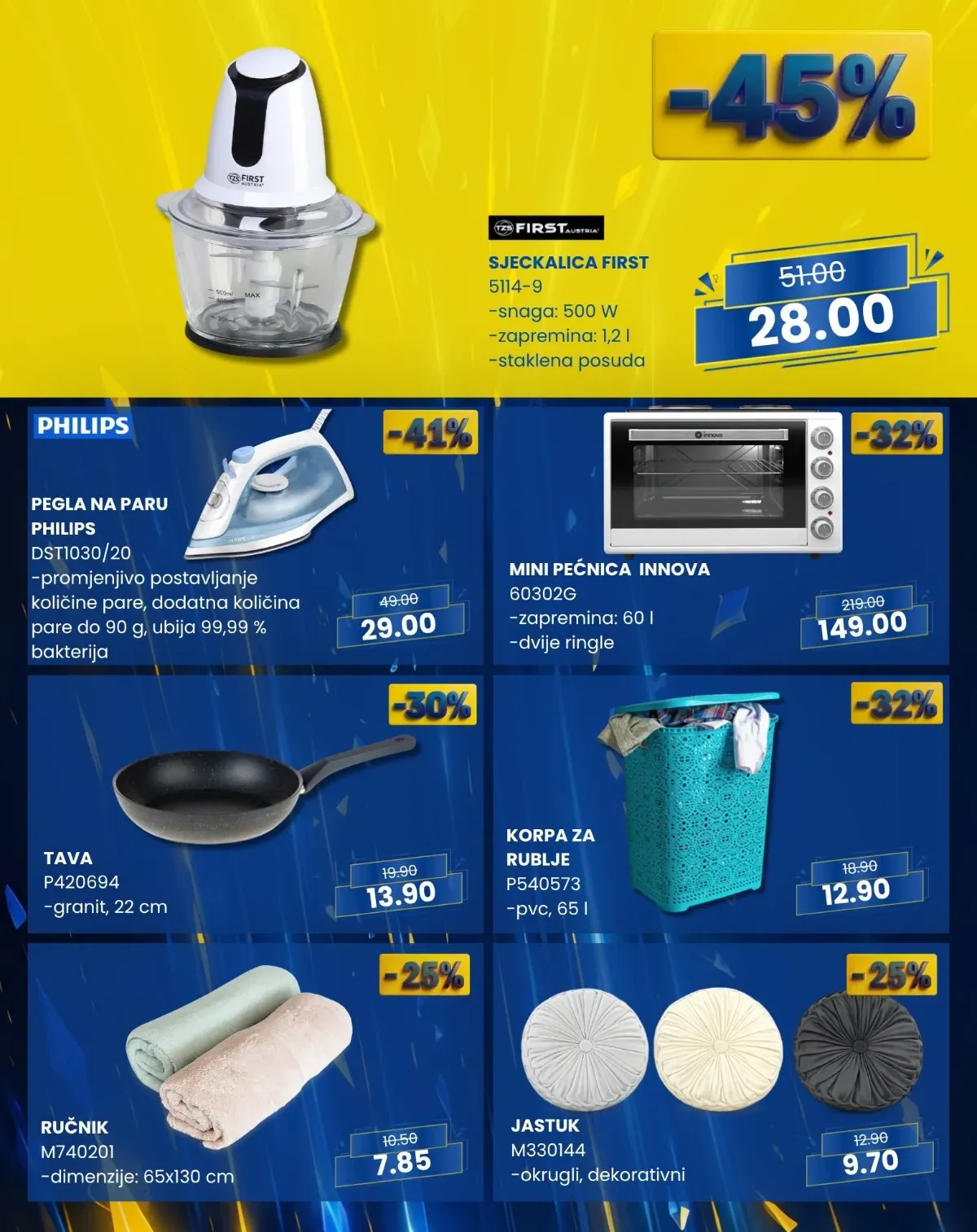 FIS PLUS Sedmica do 12.08.2026. – FIRST sjeckalica, Philips pegla, mini pećnica Innova, tava, korpa za veš, ručnici i dekorativni jastuci.