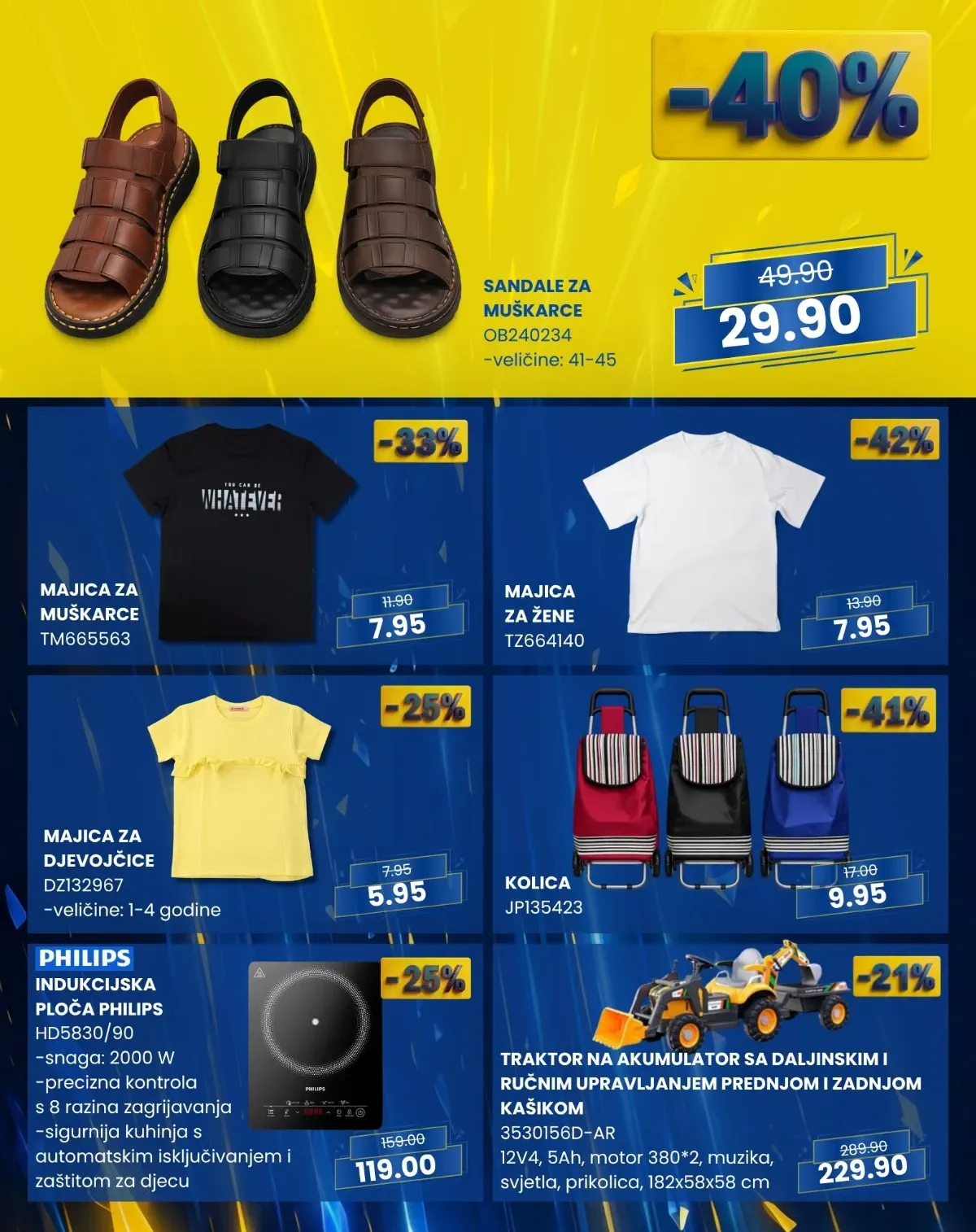 FIS PLUS Sedmica do 12.08.2026. – sandale, majice, kolica za kupovinu, Philips indukcijska ploča i traktor na akumulator.