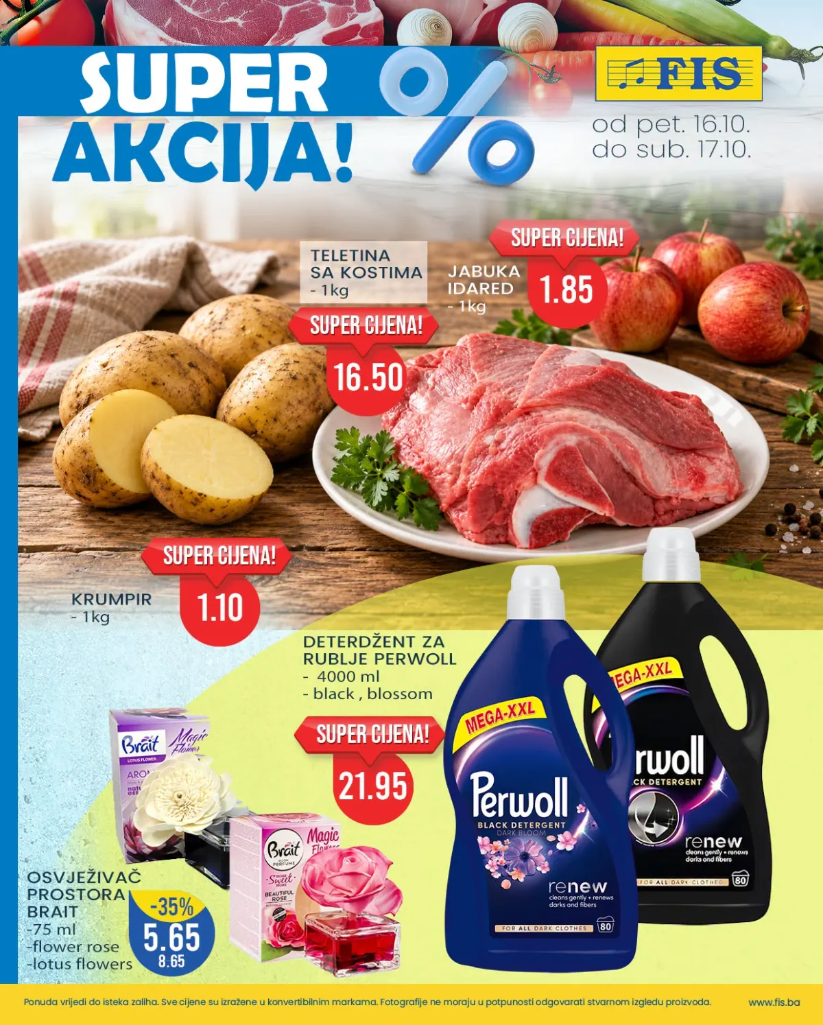 FIS vikend akcija 16–17.10.2026. – teletina s kostima 16,50 KM/kg, jabuke Idared 1,85 KM/kg i krompir 1,10 KM/kg