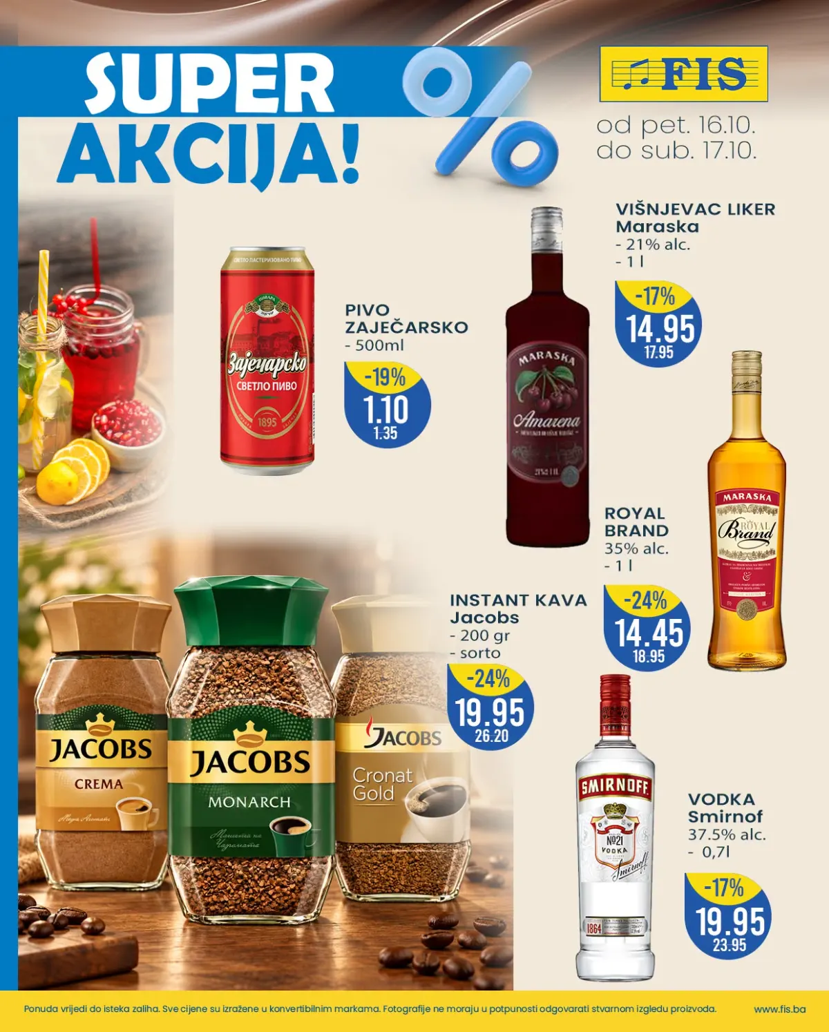 FIS vikend akcija 16–17.10.2026. – Jacobs instant kafa 200 g za 19,95 KM, Zaječarsko pivo 1,10 KM i Maraska višnjevac 14,95 KM