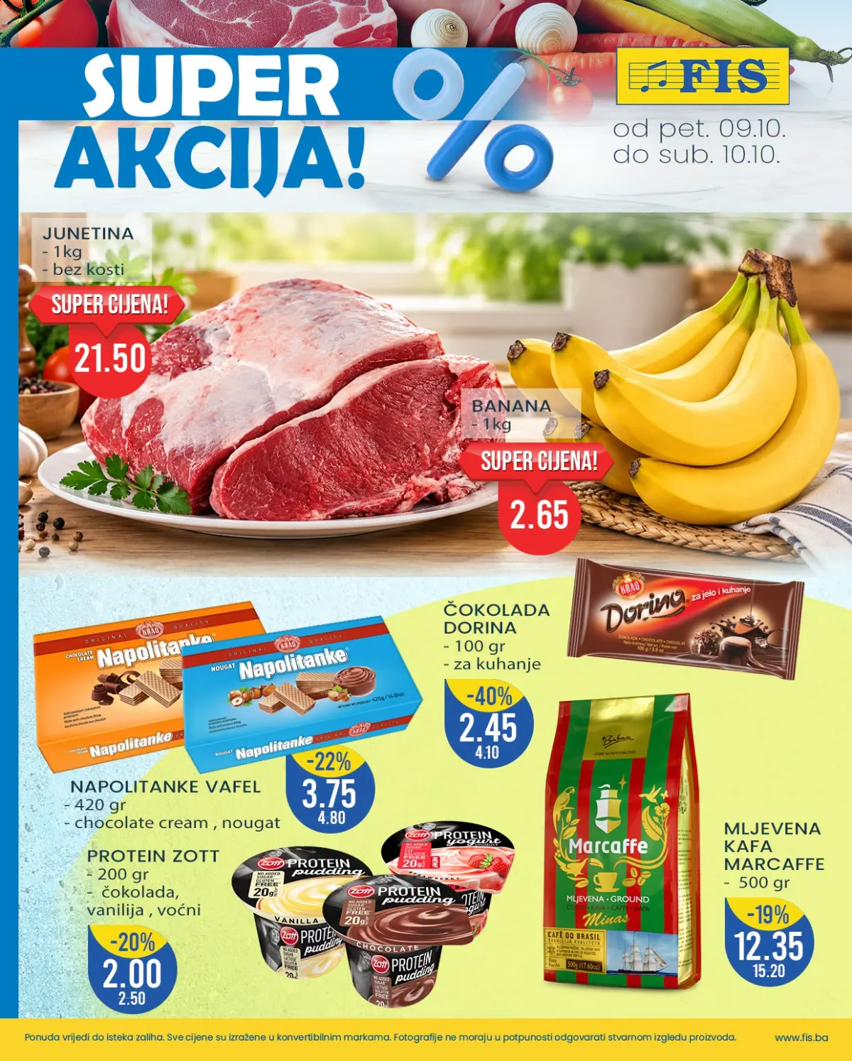 FIS vikend akcija od 9. do 10.10.2026. – junetina bez kosti 21,50 KM/kg, banane 2,65 KM/kg i prehrambeni proizvodi na akciji