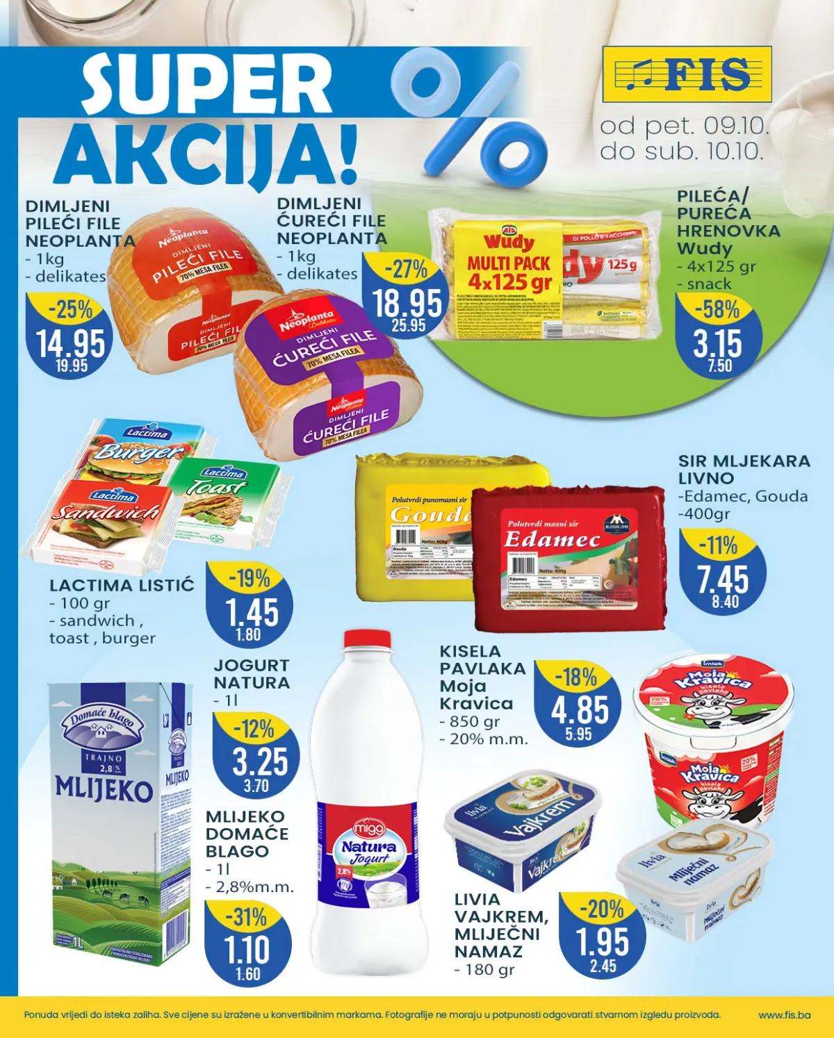 FIS vikend akcija 9–10.10.2026. – Neoplanta dimljeni filei, Wudy hrenovke, sirevi, mlijeko, jogurt i kisela pavlaka