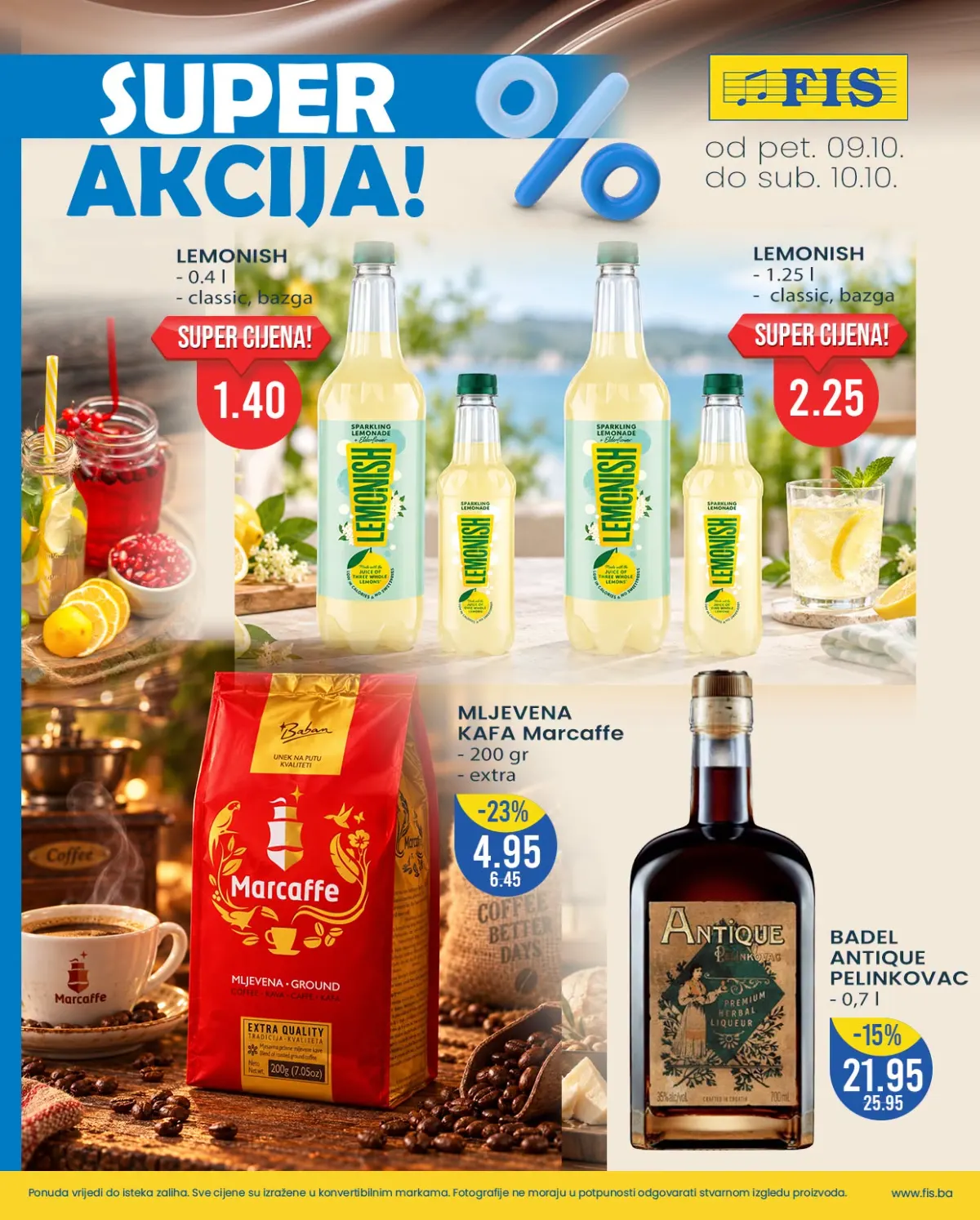 FIS vikend akcija 9–10.10.2026. – Lemonish napici, mljevena kafa Marcaffe i Badel Antique pelinkovac