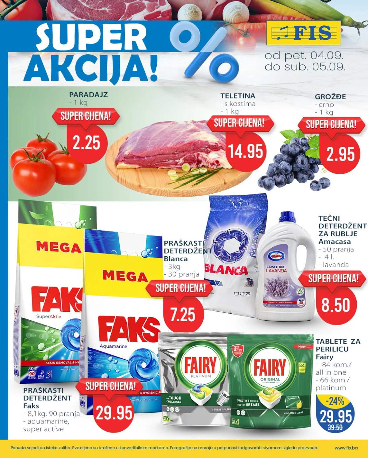 FIS SUPER AKCIJA 04.09. i 05.09.2026. – paradajz, teletina, grožđe, deterdženti i tablete za perilicu po akcijskim cijenama