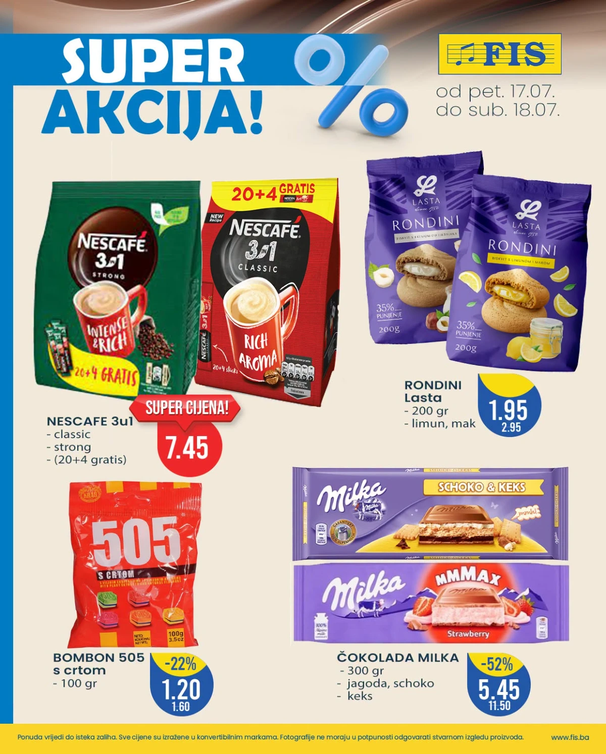 FIS vikend akcija 17.07. do 18.07.2026. – sokovi, voda, piće, grickalice i prehrambeni artikli po sniženim cijenama
