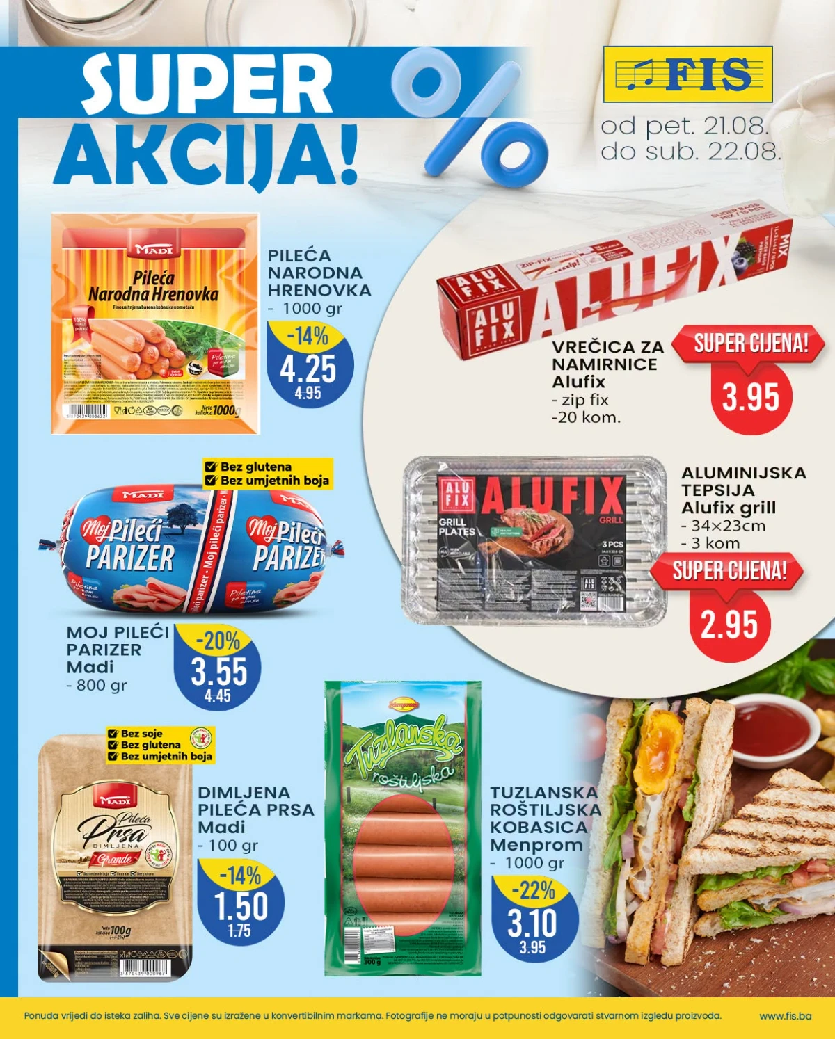 FIS vikend akcija do 22.08.2026. – pileće hrenovke, parizer, dimljena pileća prsa i pribor za čuvanje hrane