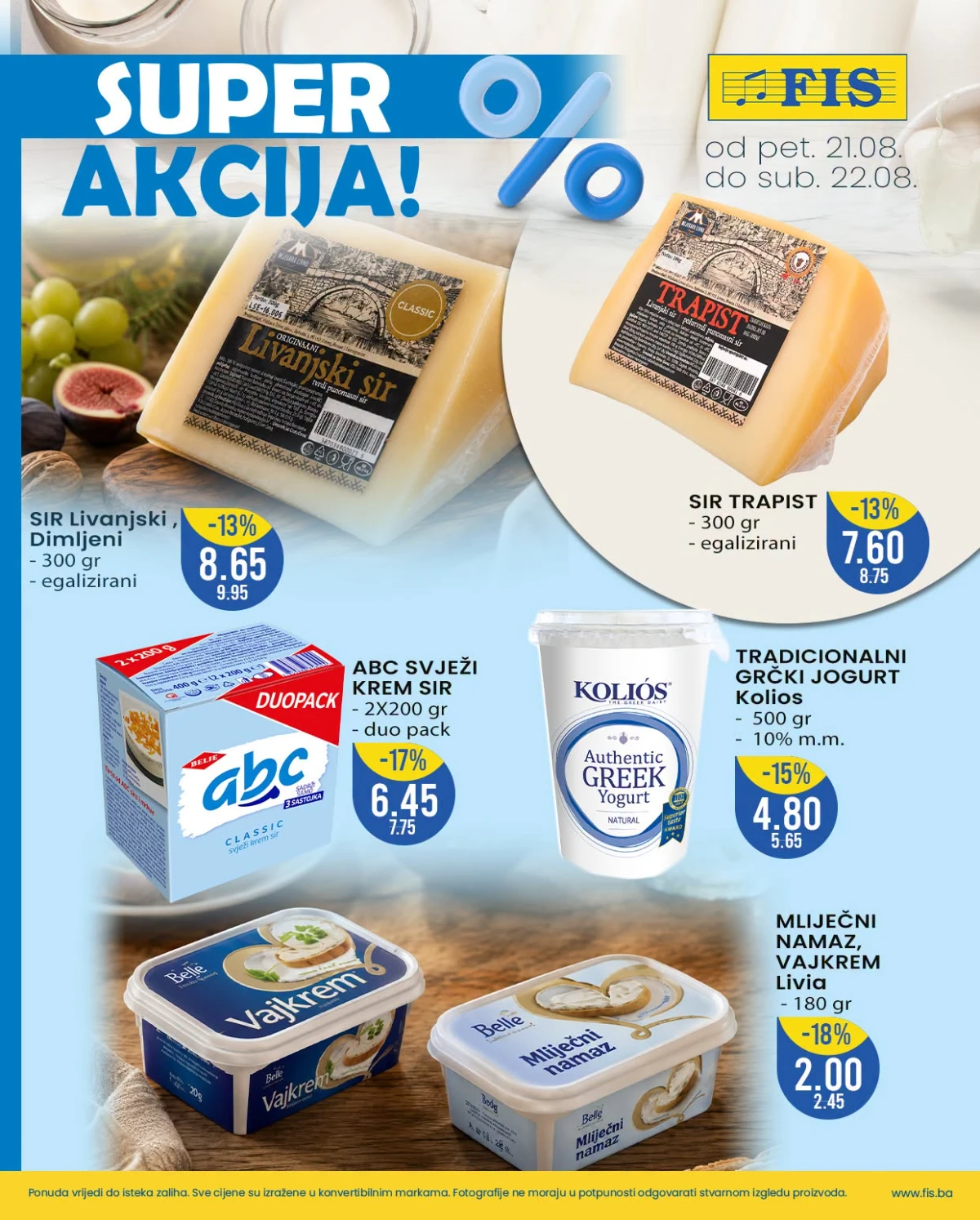 FIS vikend akcija do 22.08.2026. – Livanjski sir, trapist, ABC krem sir, grčki jogurt i mliječni namazi