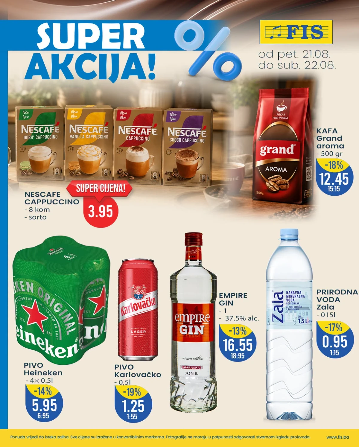 FIS vikend akcija do 22.08.2026. – kafa, cappuccino, pivo, gin i prirodna mineralna voda