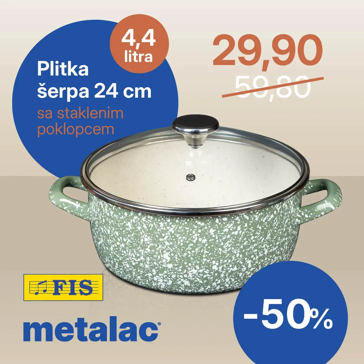 FIS Metalac Olivia plitka šerpa 24 cm sa staklenim poklopcem za 29,90 KM