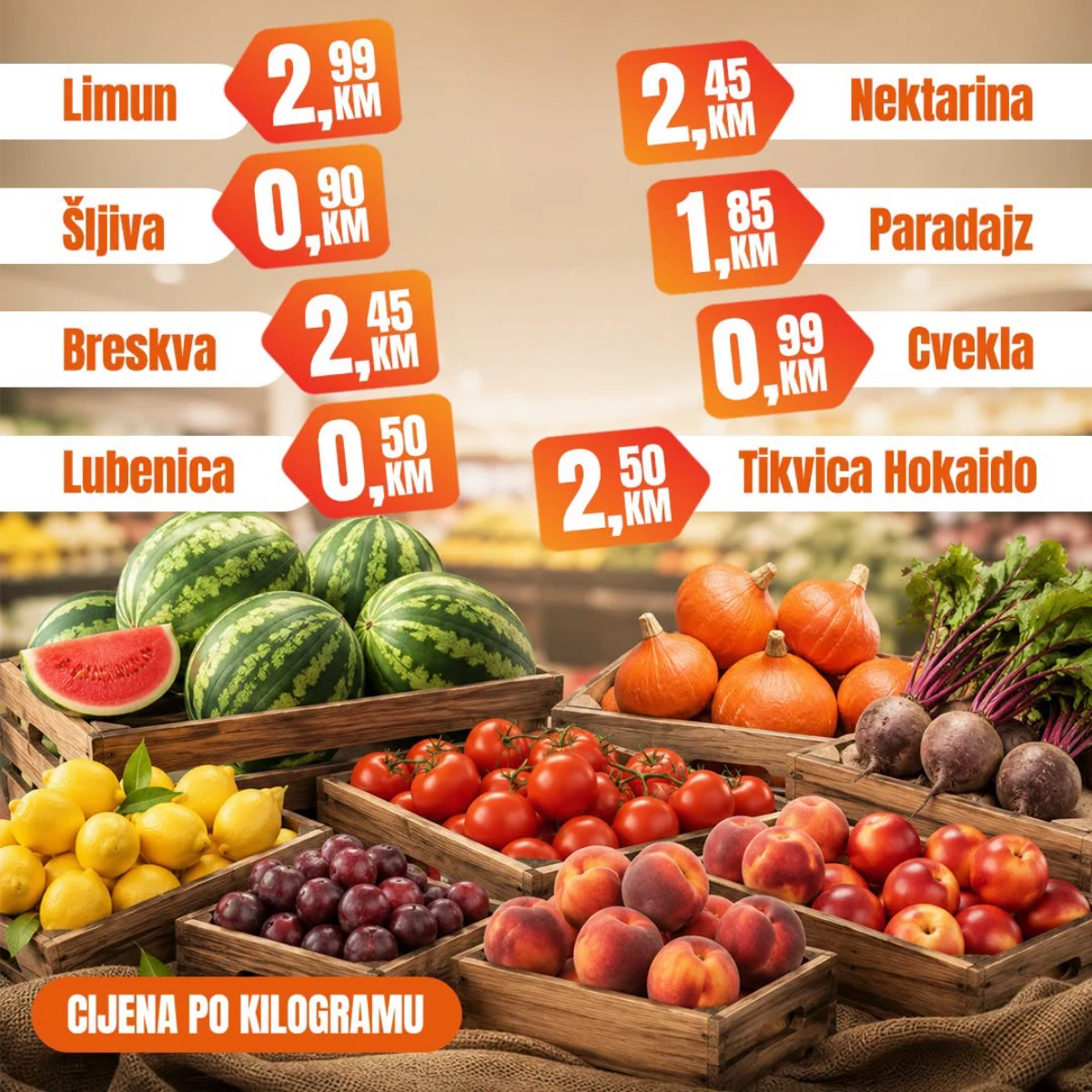 Fortuna Market vikend akcija – lubenica, limun, breskve, šljive, nektarine, paradajz, cvekla i Hokaido tikvica po sniženim cijenama