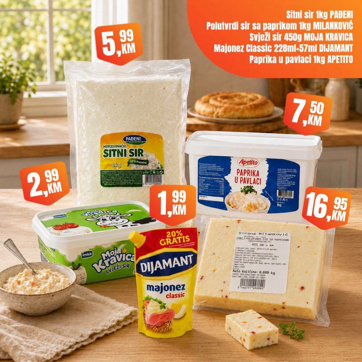Fortuna Market vikend akcija – sitni sir, svježi sir, polutvrdi sir sa paprikom, majoneza i paprika u pavlaci