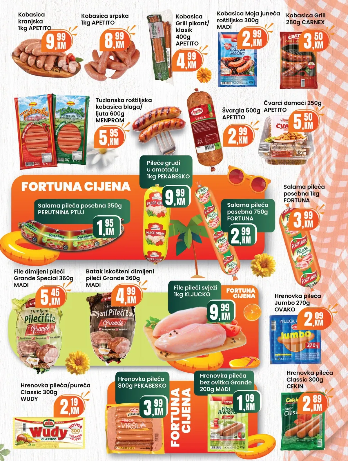 Fortuna Market katalog za avgust 2026. – strana 3, kobasice, piletina i mesni proizvodi