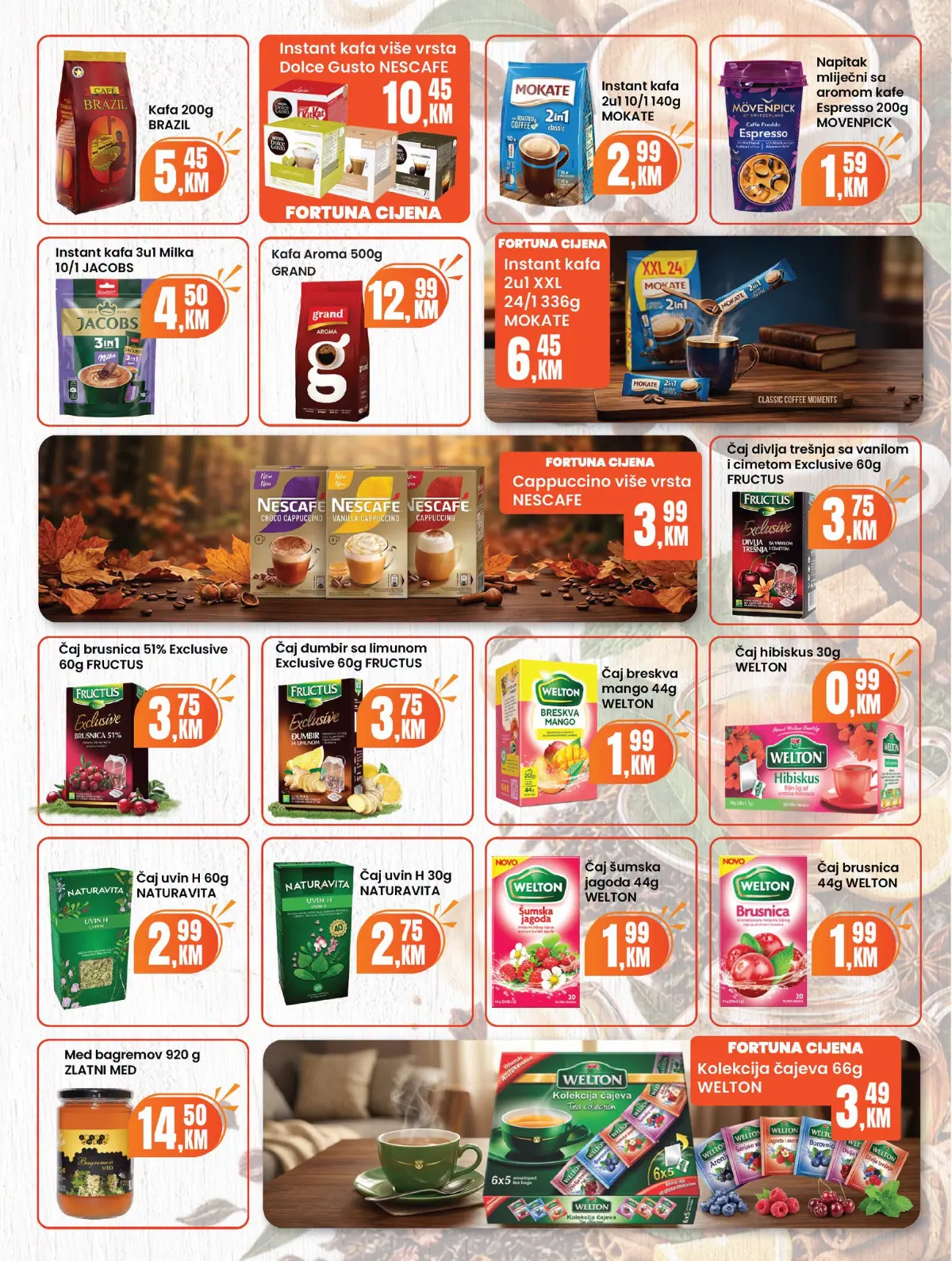 Fortuna Market katalog oktobar 2026. – kafa, cappuccino, čaj i med