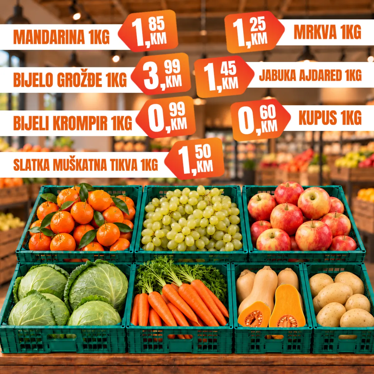 Fortuna vikend akcija – mandarine, bijeli krompir, grožđe, jabuke, mrkva, kupus i tikva