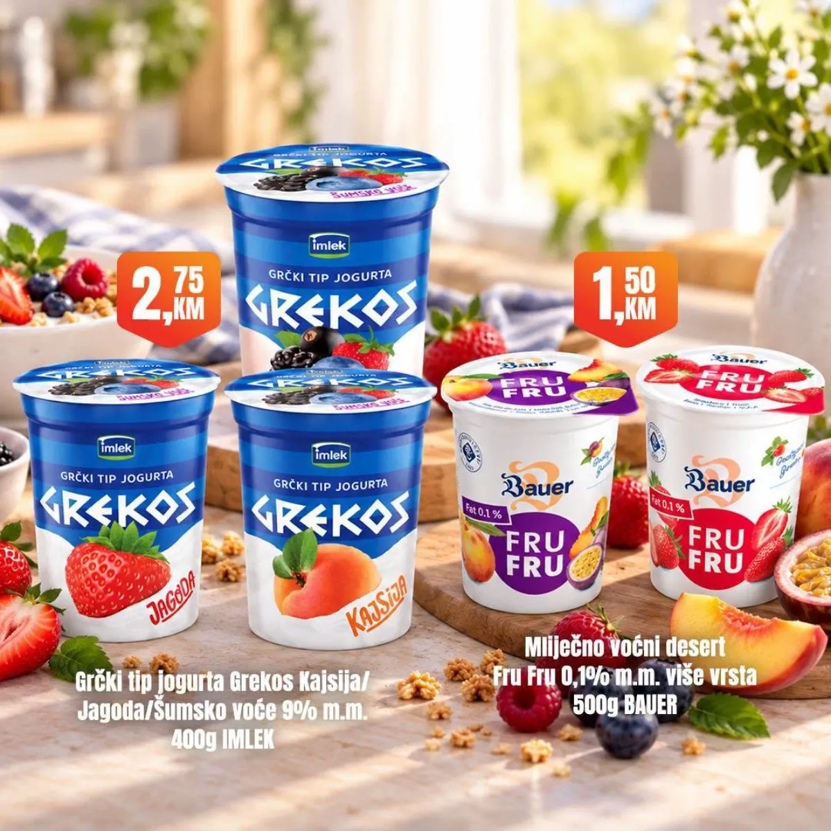 Fortuna Market vikend akcija – Bauer Fru Fru desert 1,50 KM i Imlek Grekos jogurt 2,75 KM