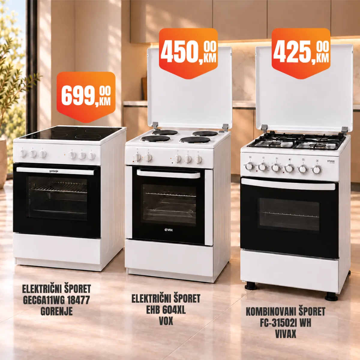 Fortuna HOME – Gorenje električni šporet 699 KM, VOX električni šporet 450 KM i Vivax kombinovani šporet 425 KM