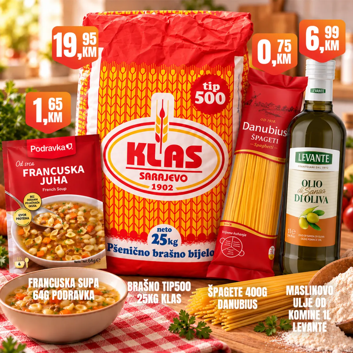 Fortuna Market – Klas brašno 25 kg 19,95 KM, Danubius špagete 0,75 KM i maslinovo ulje