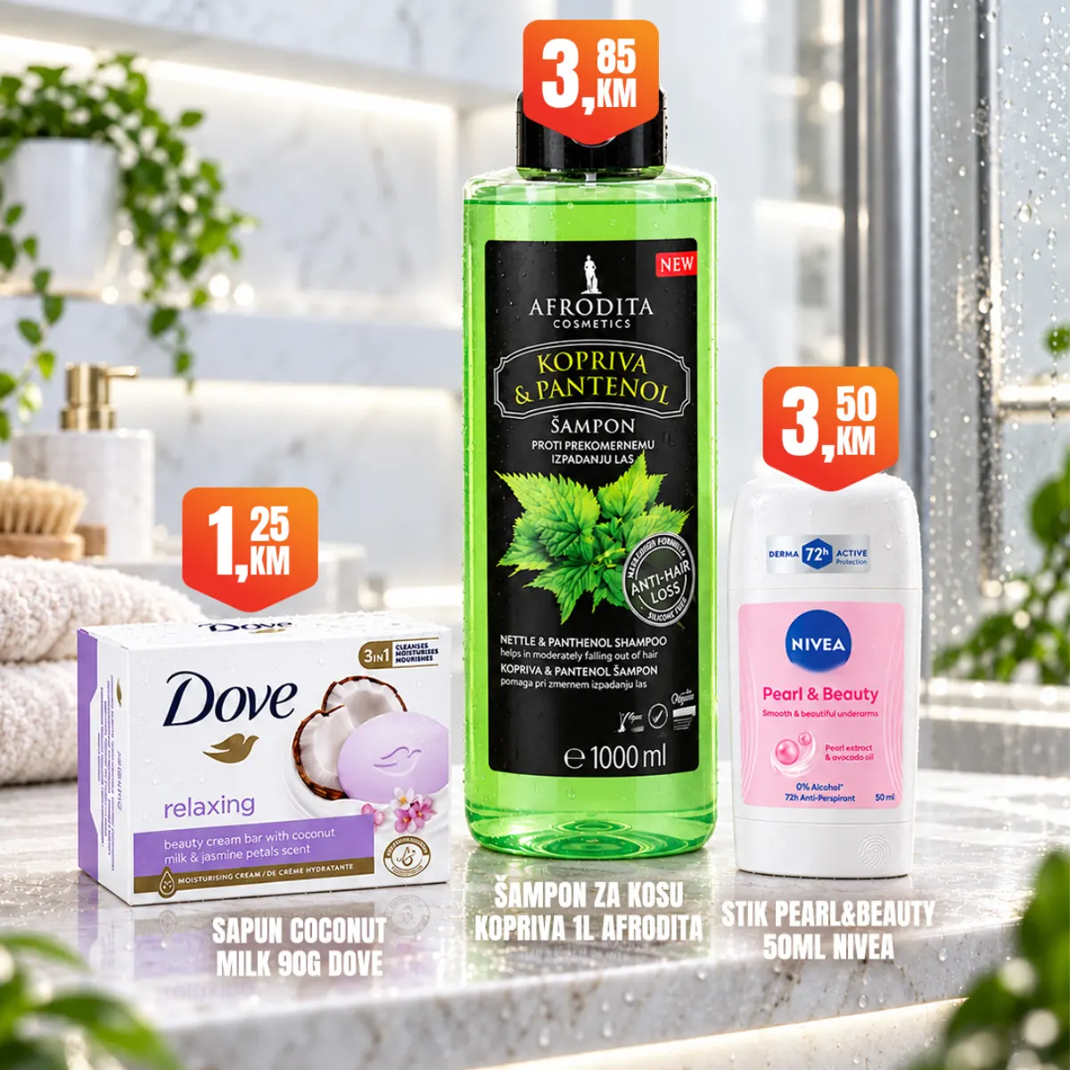 Fortuna Market – Afrodita šampon 3,85 KM, Nivea dezodorans 3,50 KM i Dove sapun 1,25 KM