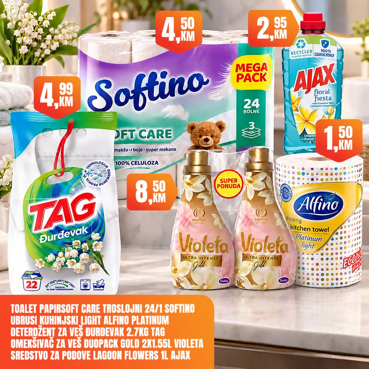 Fortuna Market – Tag deterdžent 4,99 KM, Softino toalet papir 4,50 KM, Ajax i Violeta omekšivač